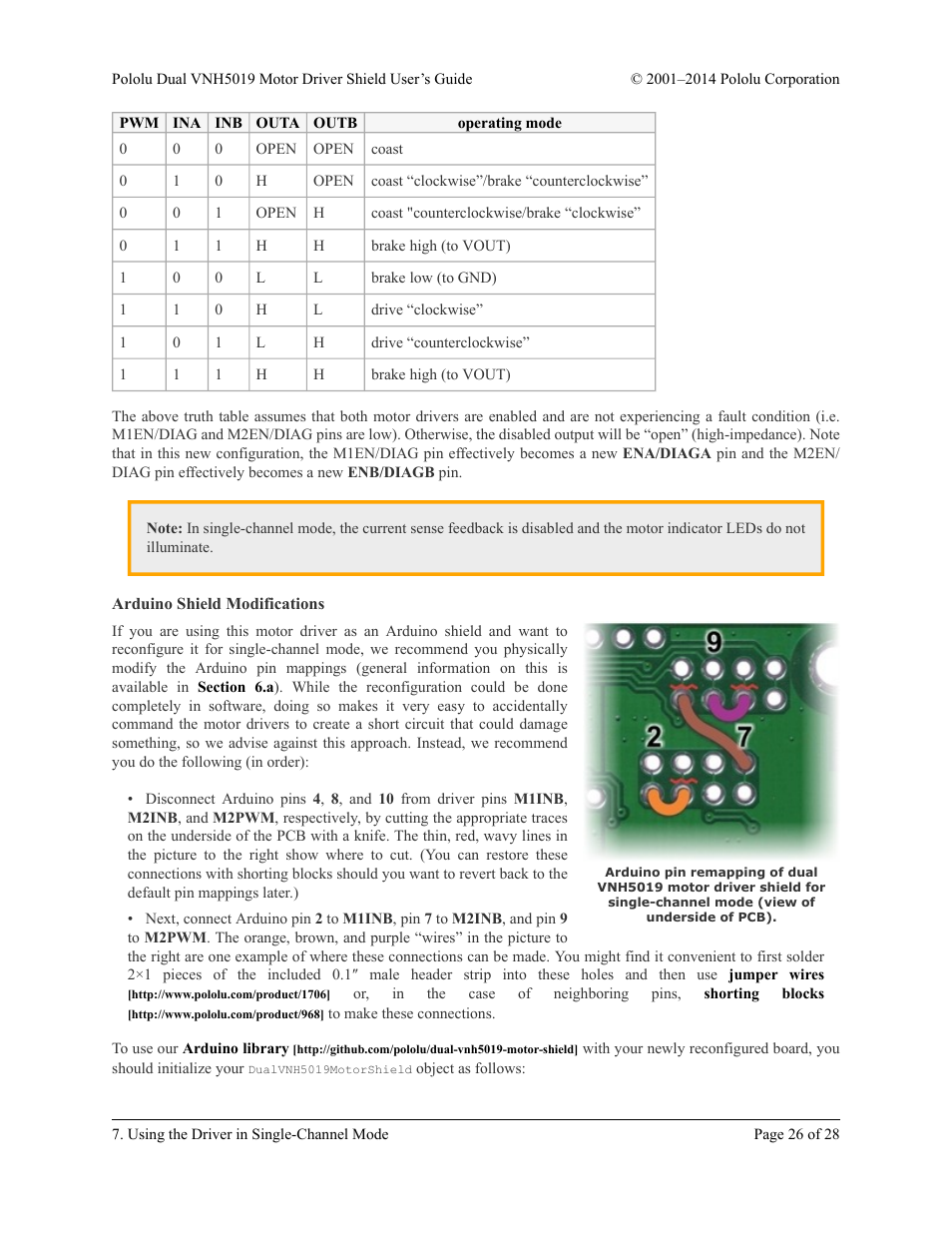 Arduino shield modifications | Pololu Dual VNH5019 User Manual | Page 26 / 28