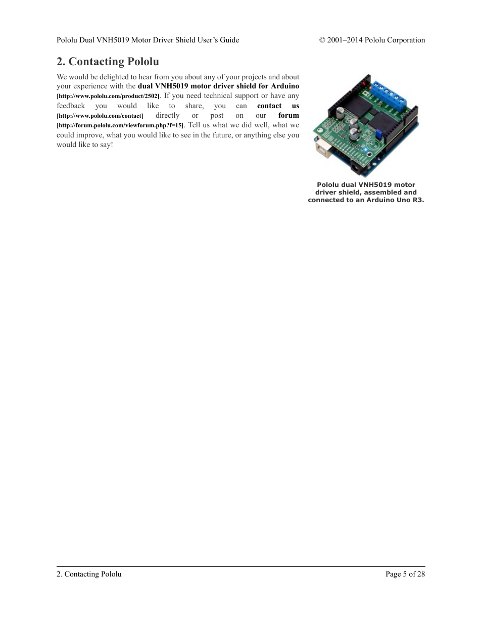 Contacting pololu | Pololu Dual VNH5019 User Manual | Page 5 / 28