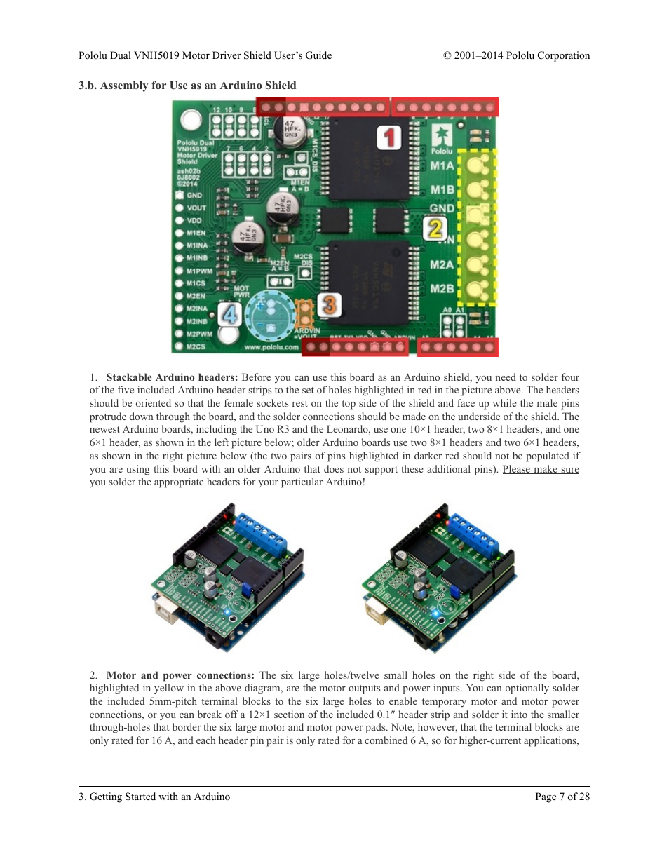 B. assembly for use as an arduino shield | Pololu Dual VNH5019 User Manual | Page 7 / 28