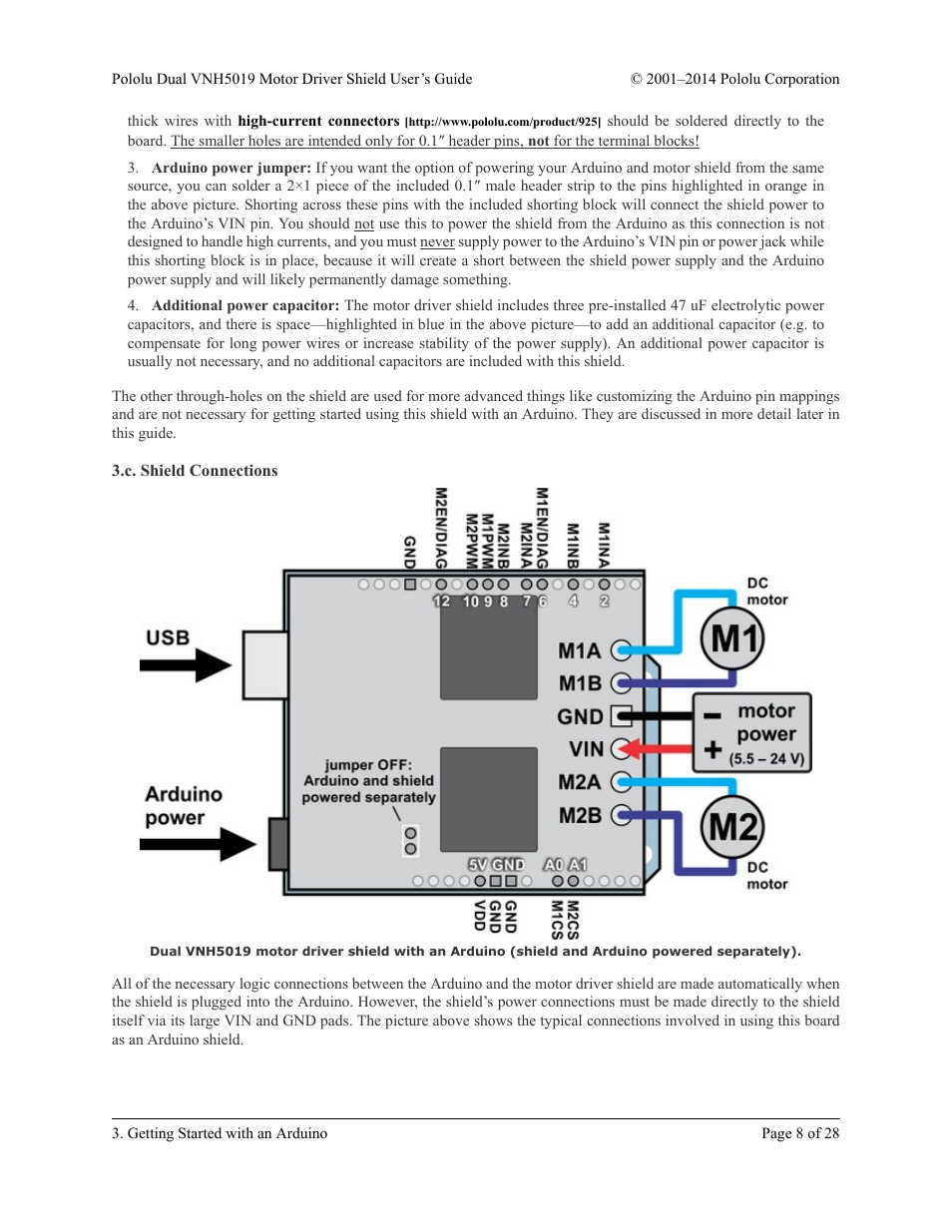 C. shield connections, Section 3.c | Pololu Dual VNH5019 User Manual | Page 8 / 28