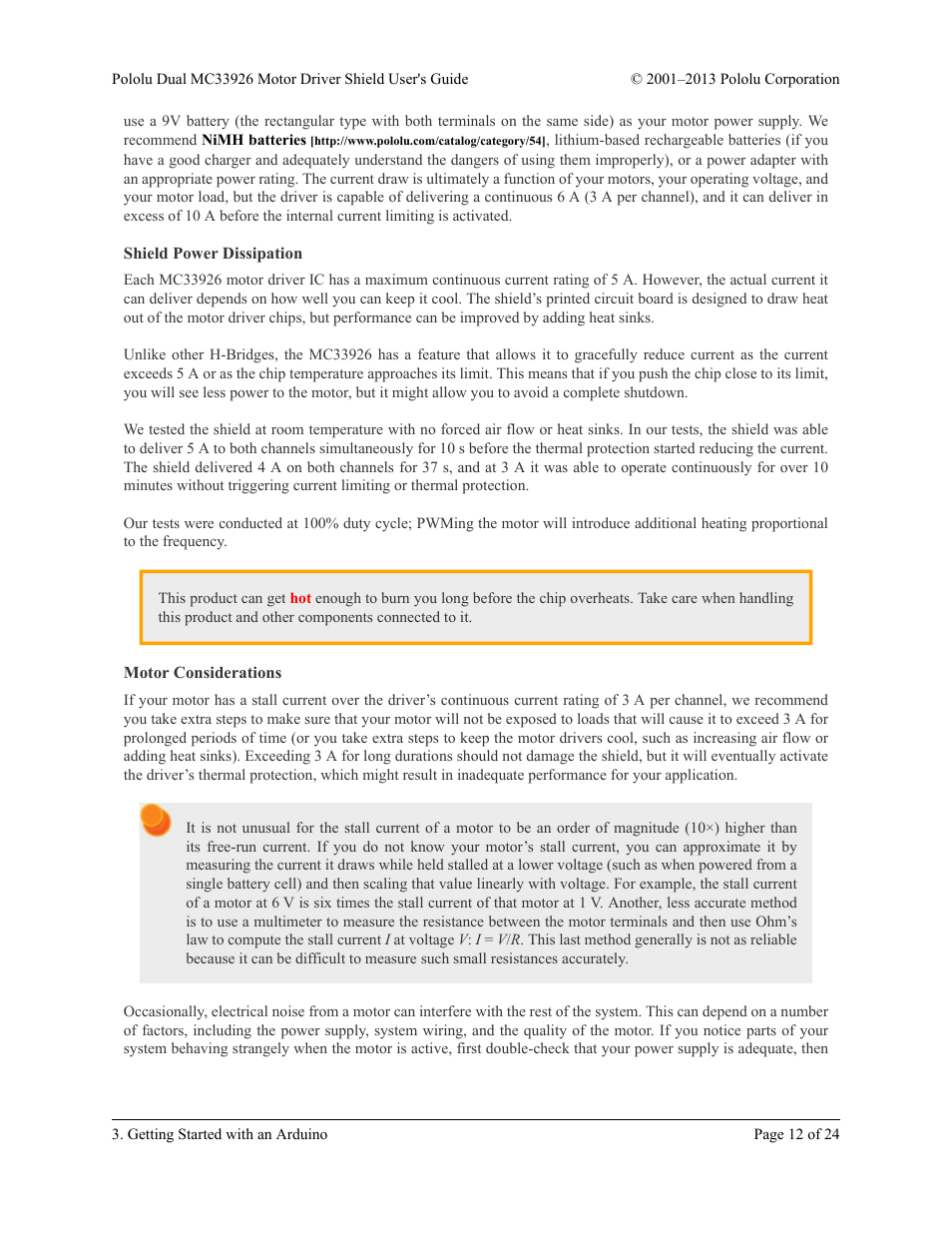 Shield power dissipation, Motor considerations | Pololu Dual MC33926 User Manual | Page 12 / 24