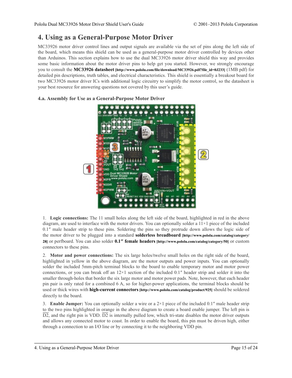 Using as a general-purpose motor driver, Section 4 | Pololu Dual MC33926 User Manual | Page 15 / 24