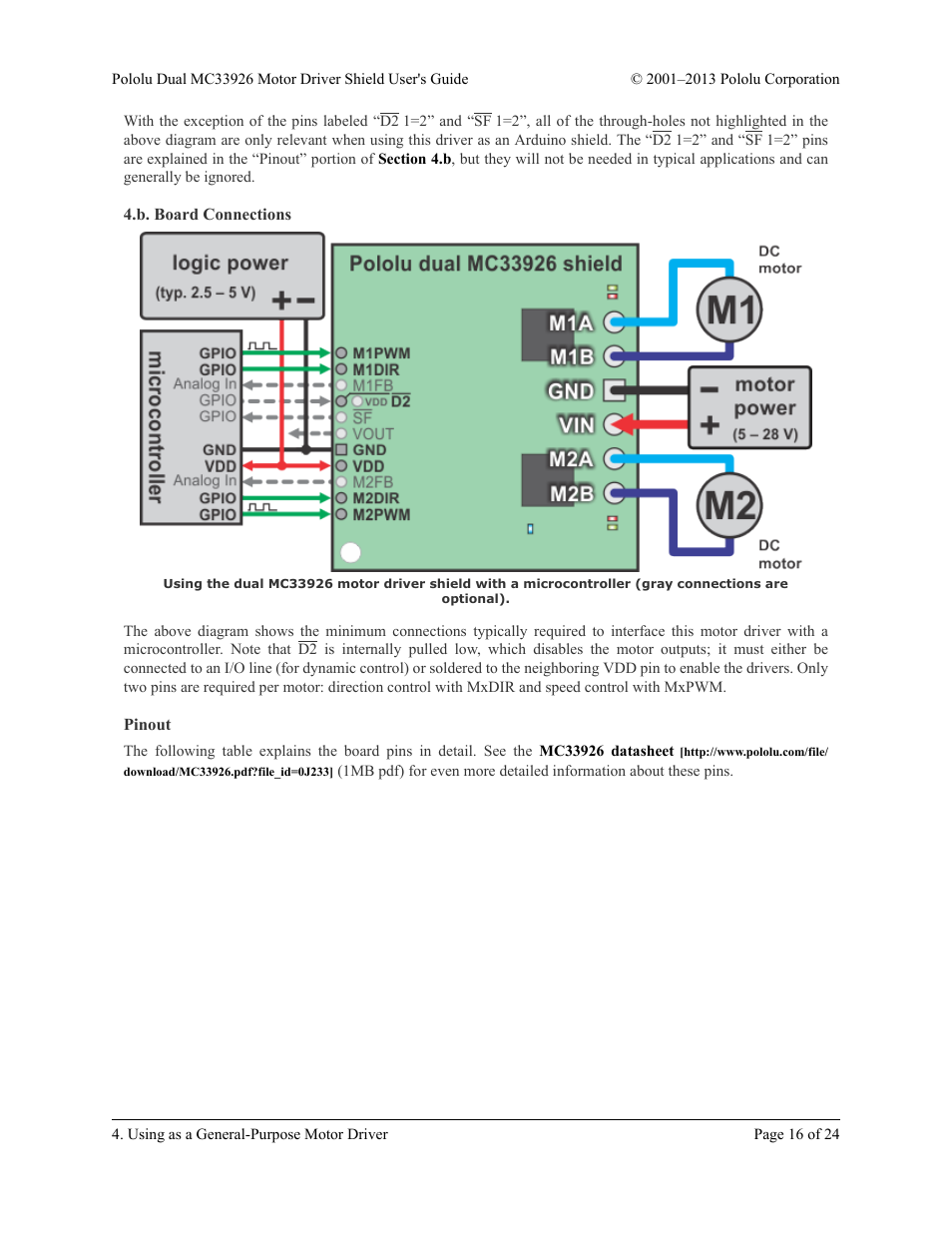 B. board connections, Pinout | Pololu Dual MC33926 User Manual | Page 16 / 24