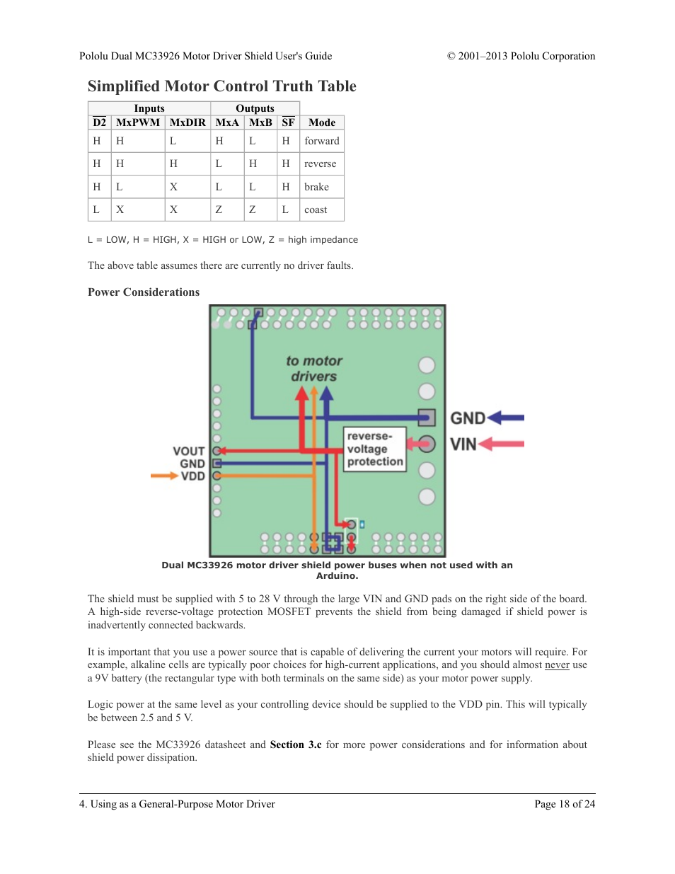 Simplified motor control truth table, Power considerations | Pololu Dual MC33926 User Manual | Page 18 / 24