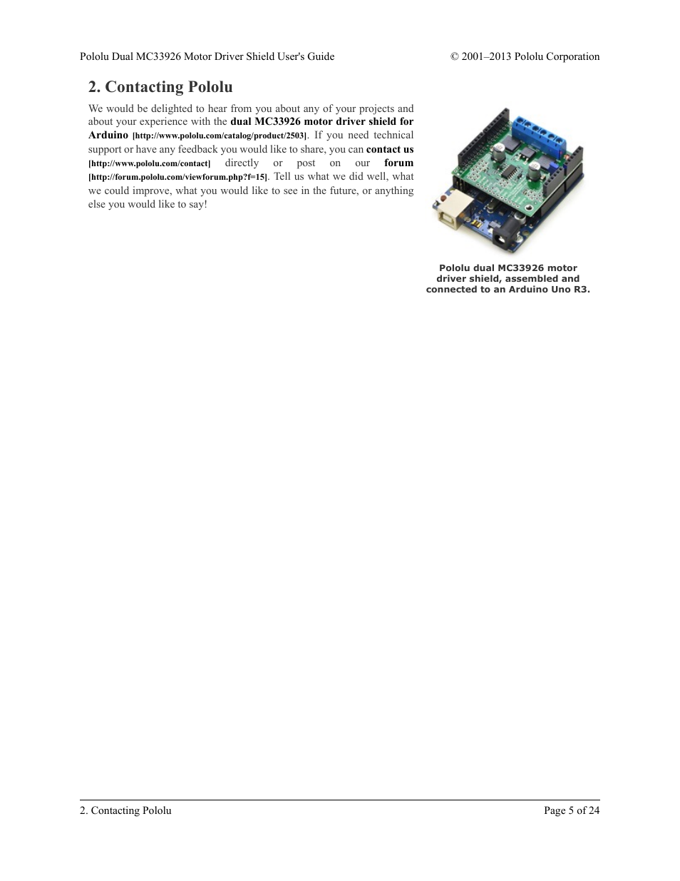 Contacting pololu | Pololu Dual MC33926 User Manual | Page 5 / 24