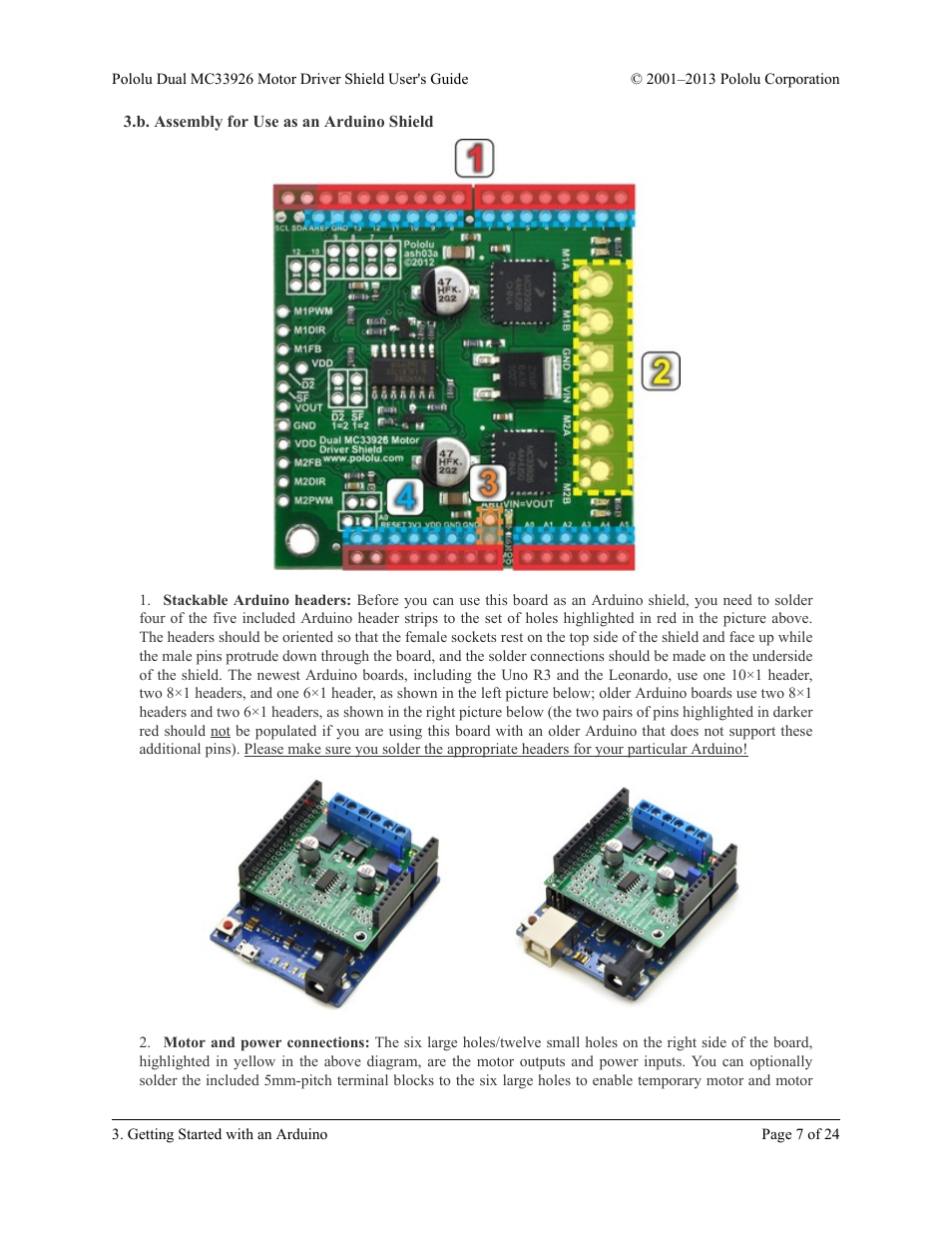 B. assembly for use as an arduino shield | Pololu Dual MC33926 User Manual | Page 7 / 24