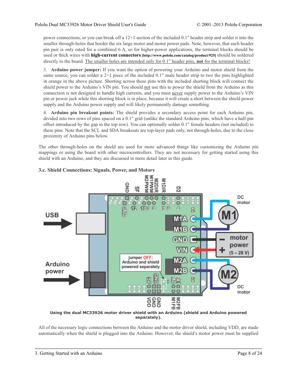 C. shield connections: signals, power, and motors, Section 3.c | Pololu Dual MC33926 User Manual | Page 8 / 24