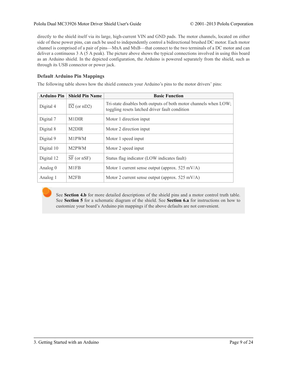 Default arduino pin mappings | Pololu Dual MC33926 User Manual | Page 9 / 24