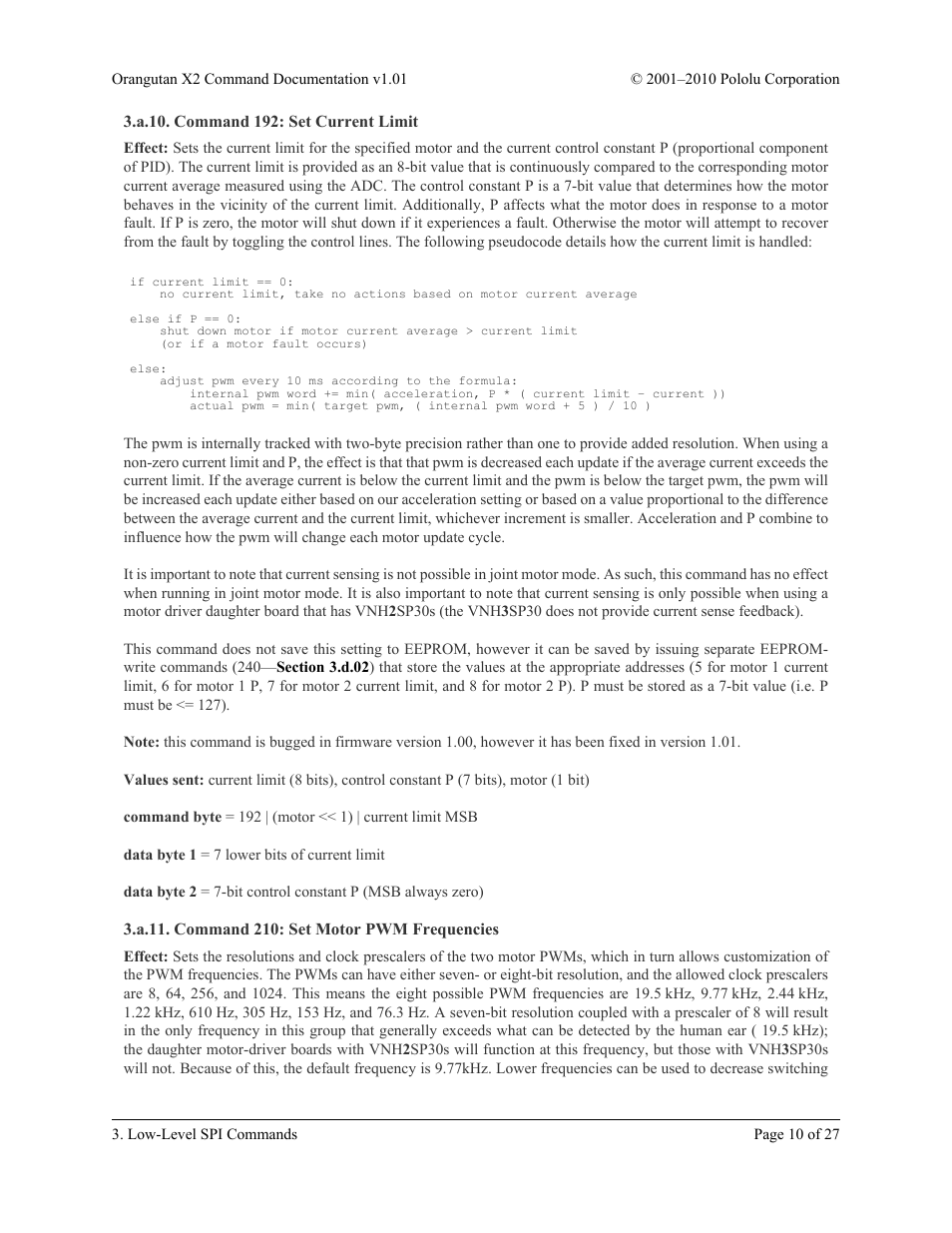A.10. command 192: set current limit, A.11. command 210: set motor pwm frequencies, Section 3.a.10 | Pololu Orangutan X2 User Manual | Page 10 / 27