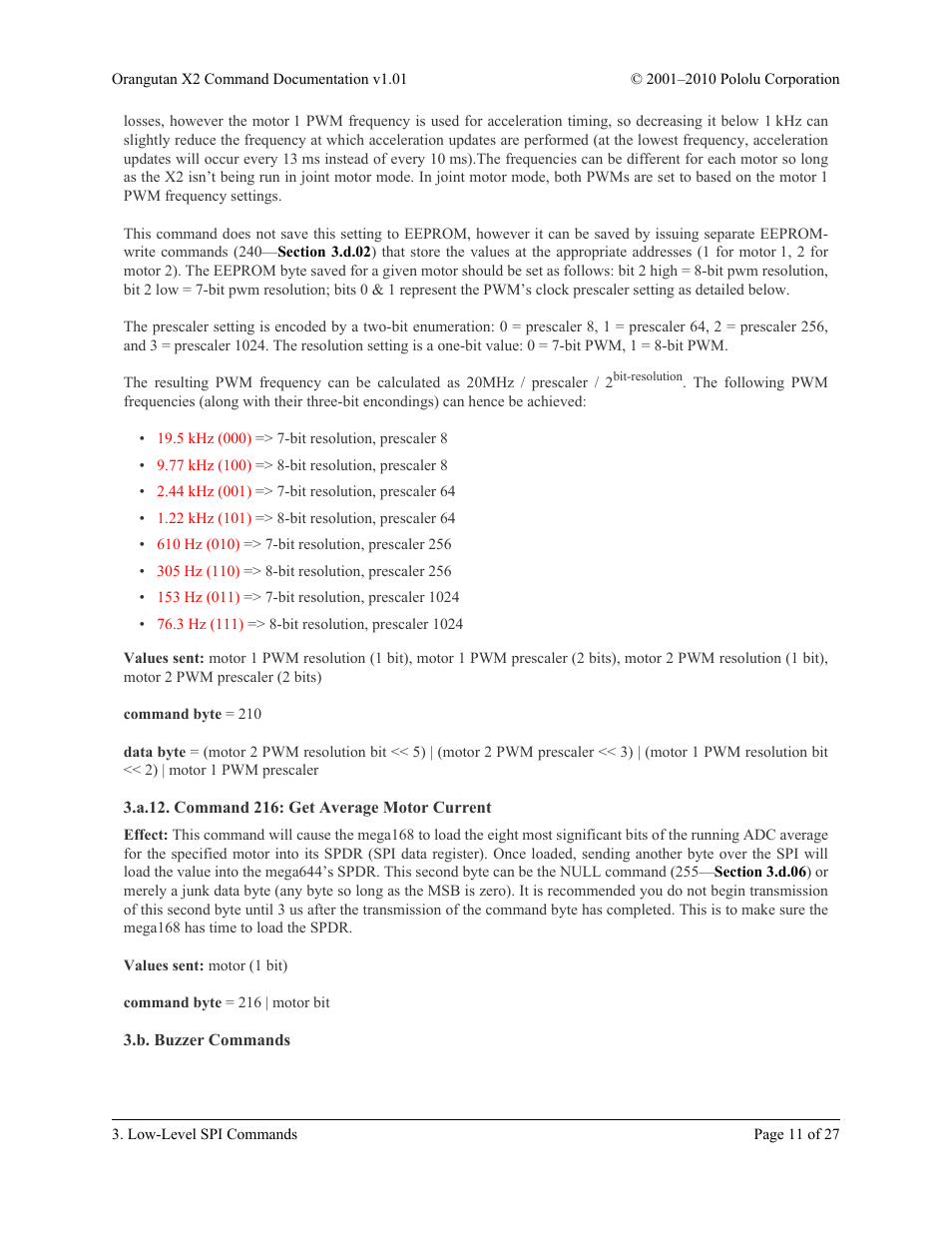 A.12. command 216: get average motor current, B. buzzer commands, Section 3.a.12 | Pololu Orangutan X2 User Manual | Page 11 / 27