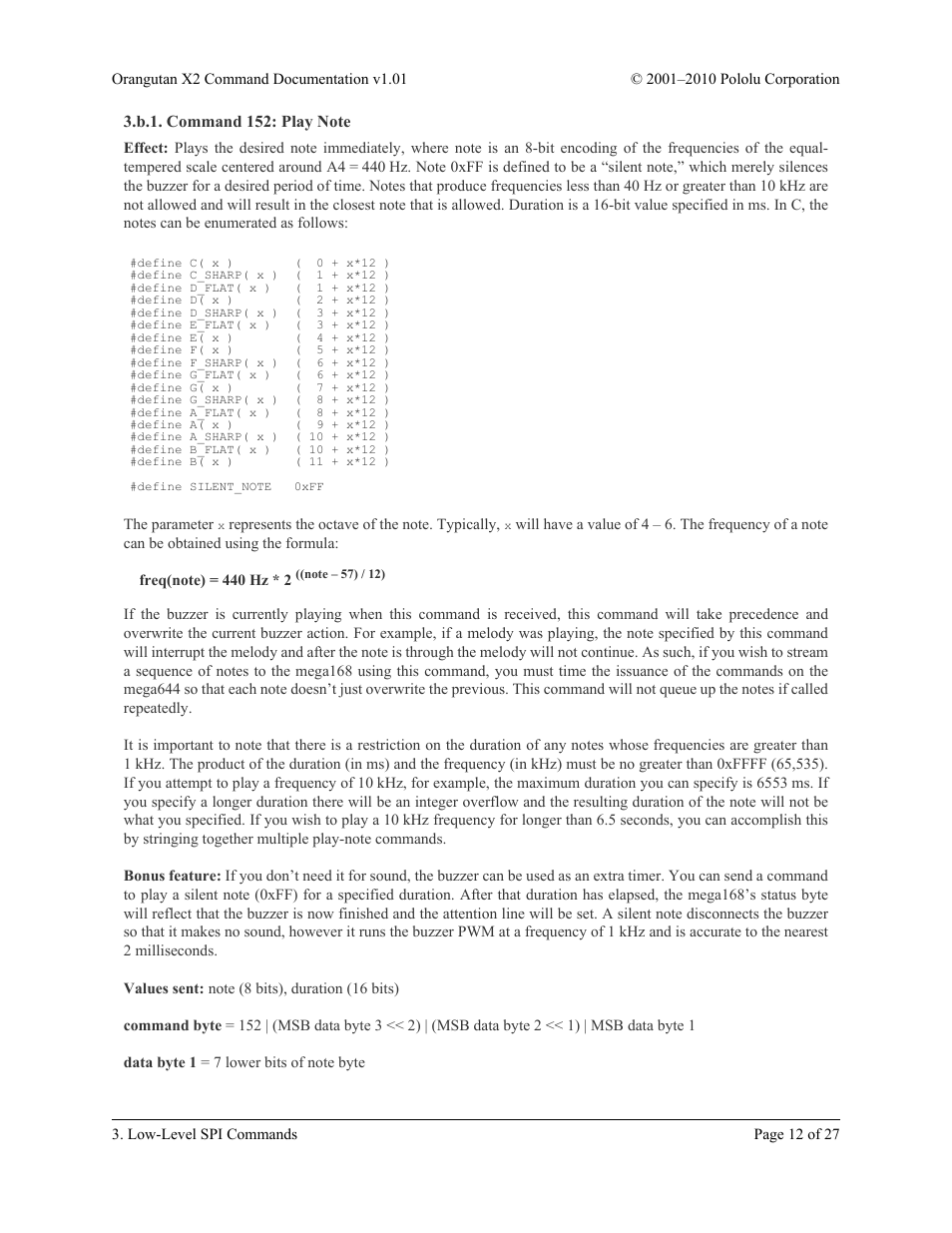 B.1. command 152: play note | Pololu Orangutan X2 User Manual | Page 12 / 27