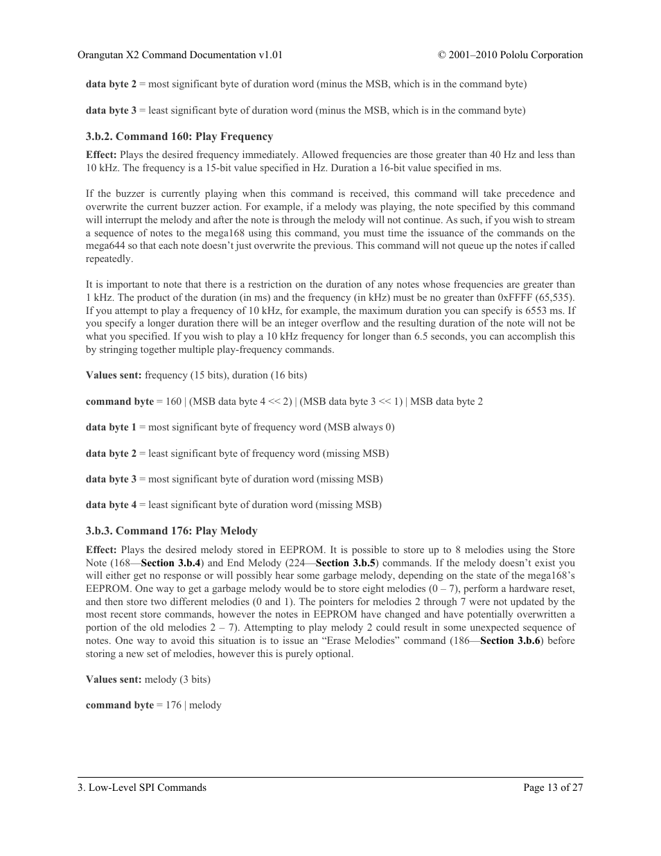 B.2. command 160: play frequency, B.3. command 176: play melody | Pololu Orangutan X2 User Manual | Page 13 / 27