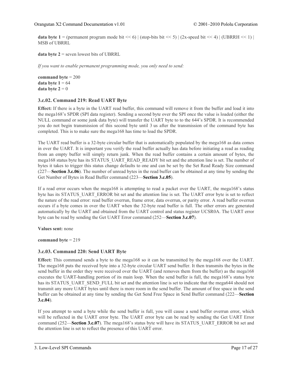 C.02. command 219: read uart byte, C.03. command 220: send uart byte | Pololu Orangutan X2 User Manual | Page 17 / 27