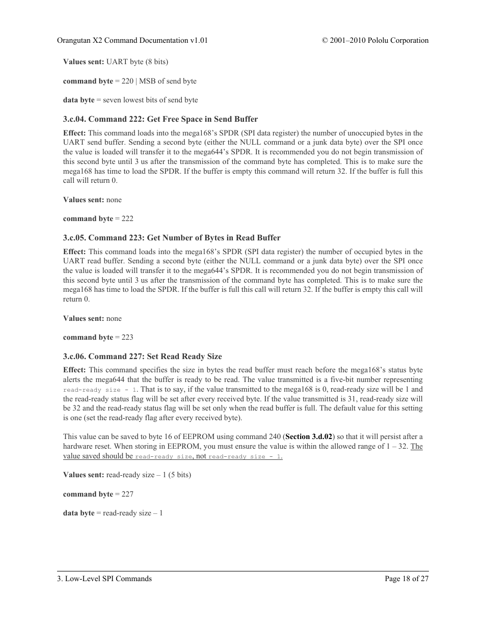 C.04. command 222: get free space in send buffer, C.06. command 227: set read ready size, Section 3.c.06 | Section 3.c.05, Section, C.04 | Pololu Orangutan X2 User Manual | Page 18 / 27