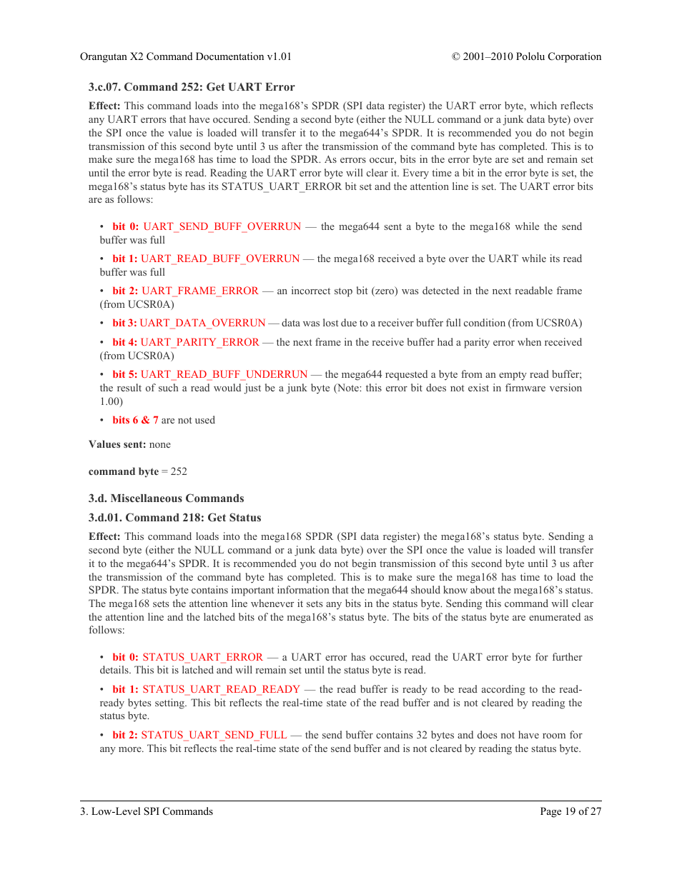 C.07. command 252: get uart error, D. miscellaneous commands, D.01. command 218: get status | Section 3.c.07 | Pololu Orangutan X2 User Manual | Page 19 / 27