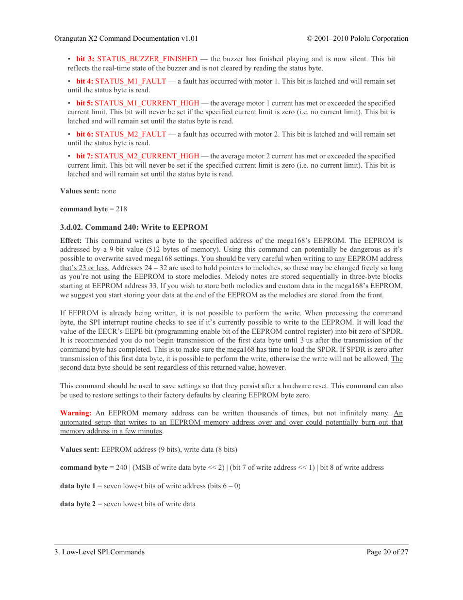 D.02. command 240: write to eeprom, Section 3.d.02 | Pololu Orangutan X2 User Manual | Page 20 / 27