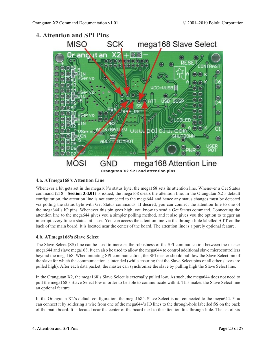 Attention and spi pins, A. atmega168's attention line, B. atmega168's slave select | Pololu Orangutan X2 User Manual | Page 23 / 27