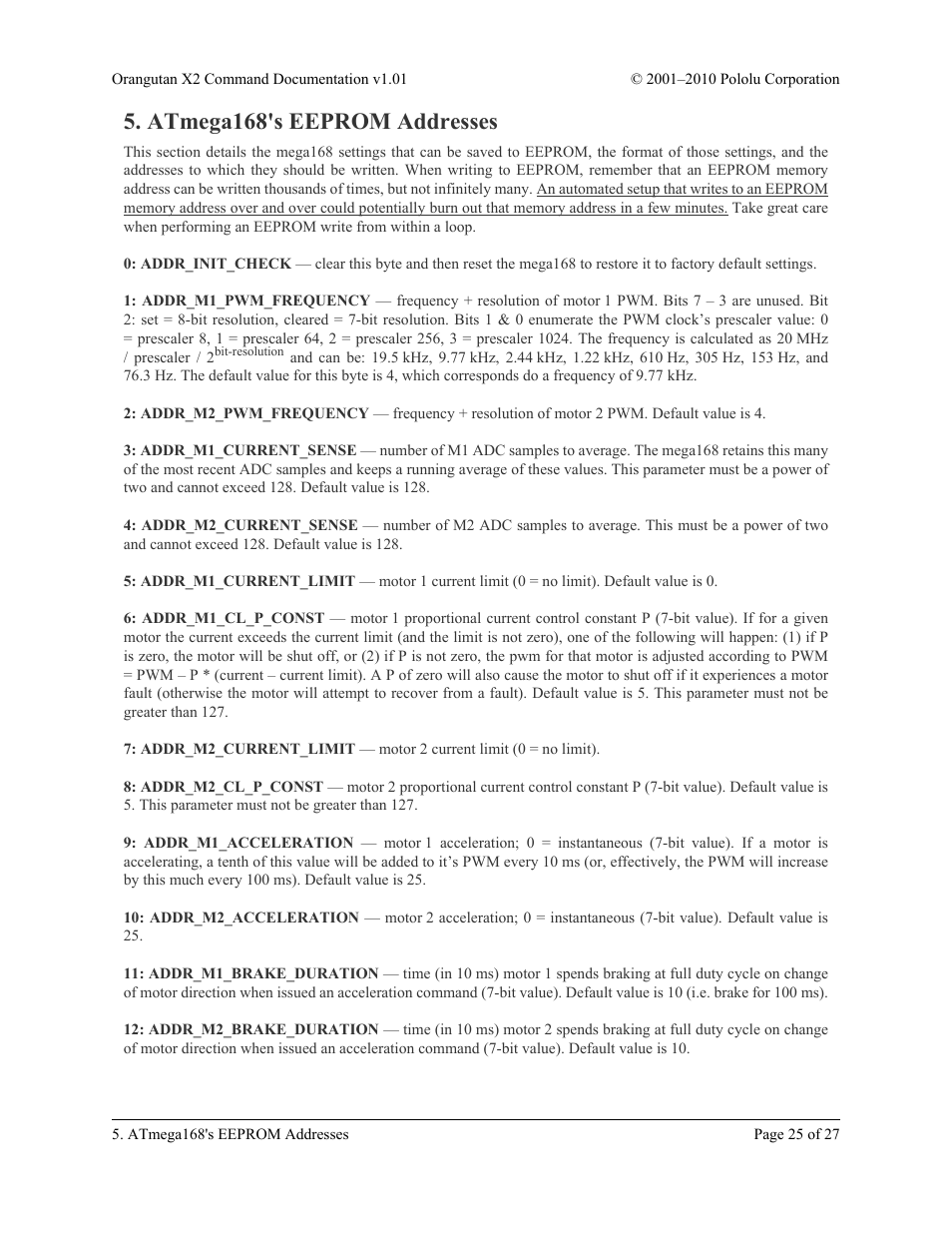 Atmega168's eeprom addresses, Atmega168’s eeprom addresses | Pololu Orangutan X2 User Manual | Page 25 / 27
