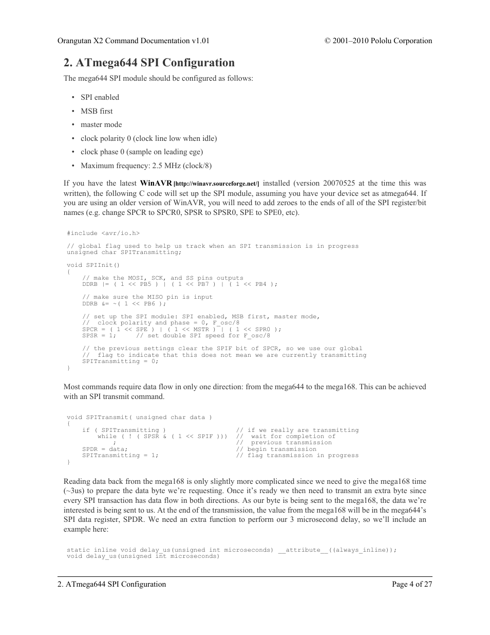 Atmega644 spi configuration | Pololu Orangutan X2 User Manual | Page 4 / 27