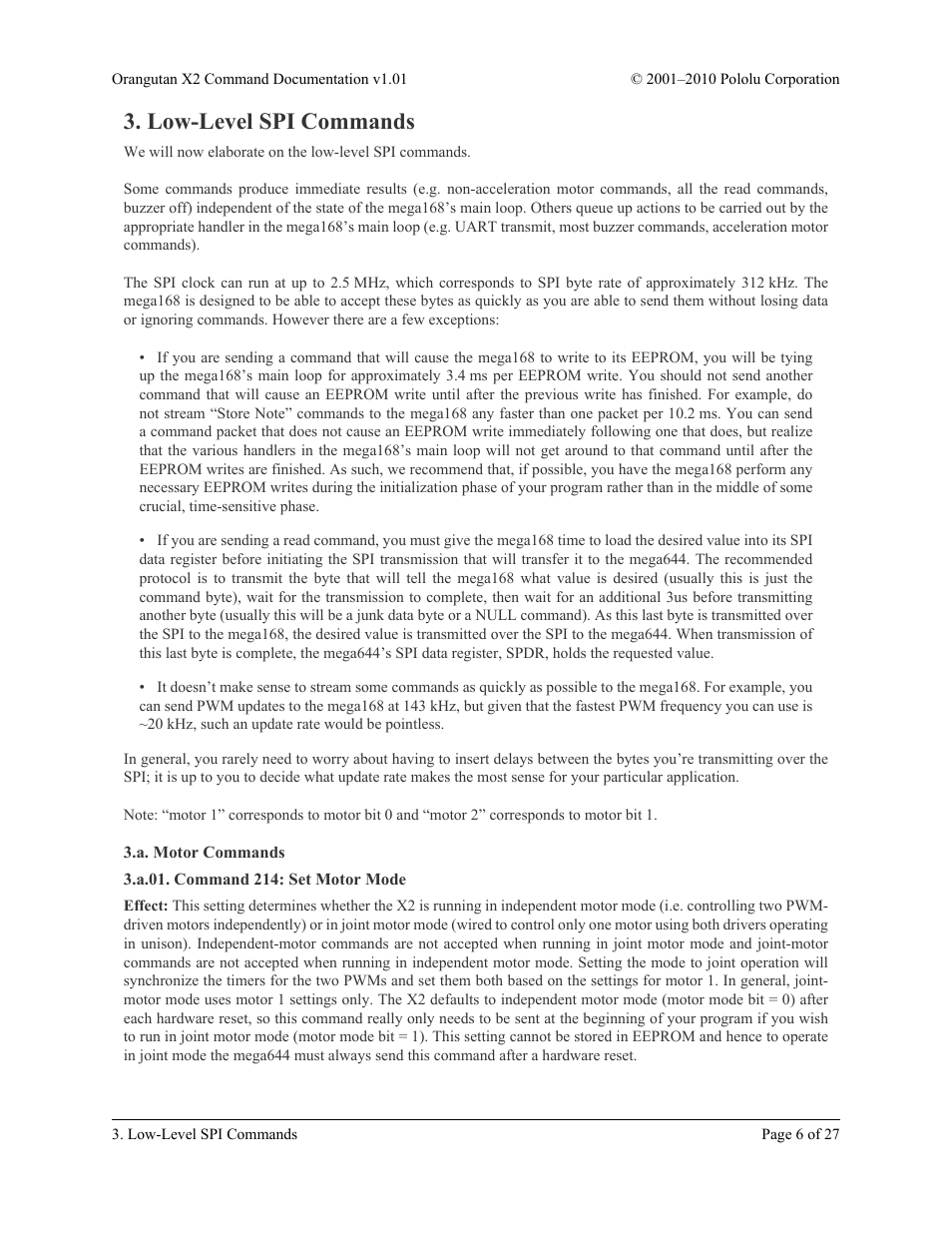 Low-level spi commands, A. motor commands, A.01. command 214: set motor mode | Pololu Orangutan X2 User Manual | Page 6 / 27