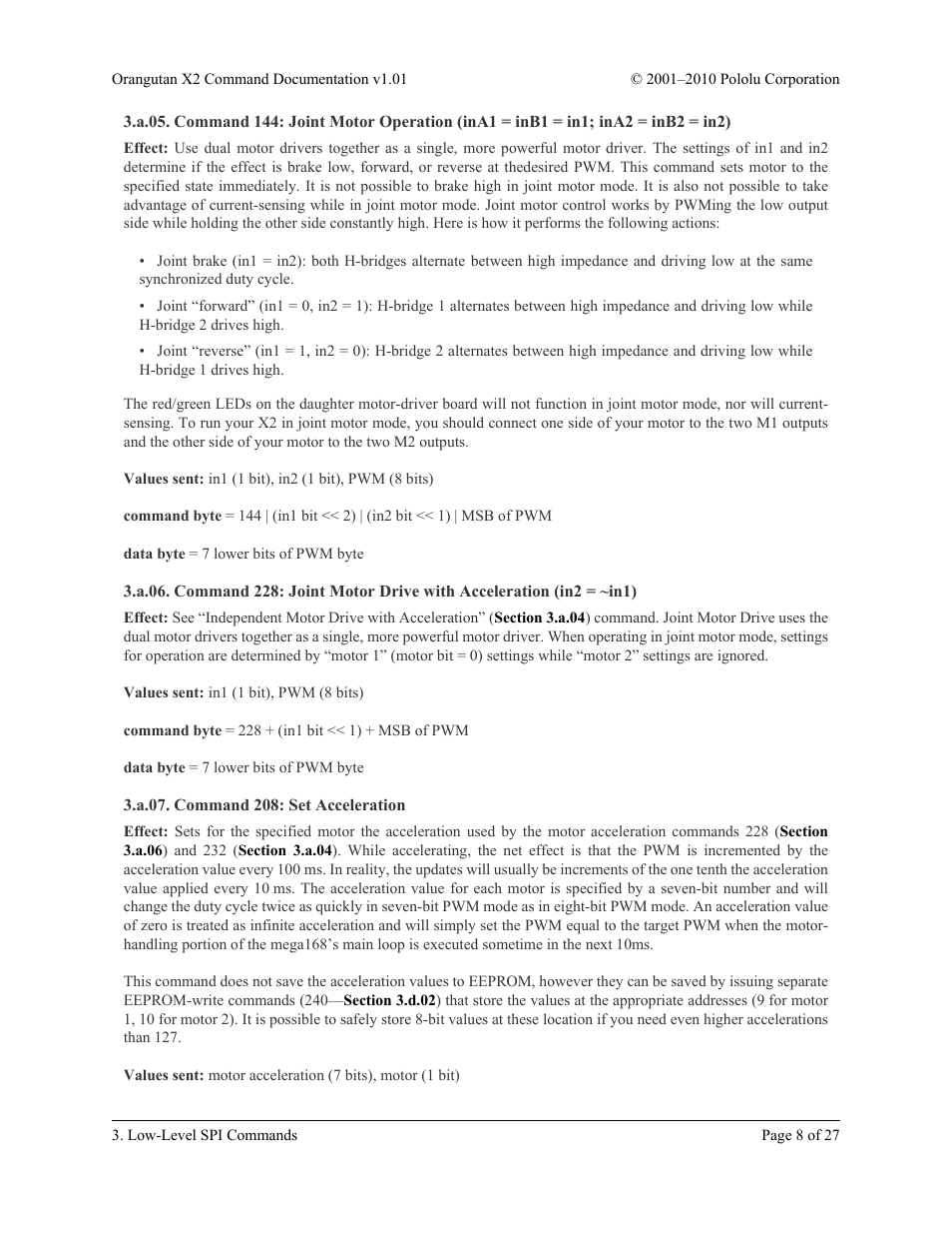 A.07. command 208: set acceleration, Section, A.07 | Pololu Orangutan X2 User Manual | Page 8 / 27