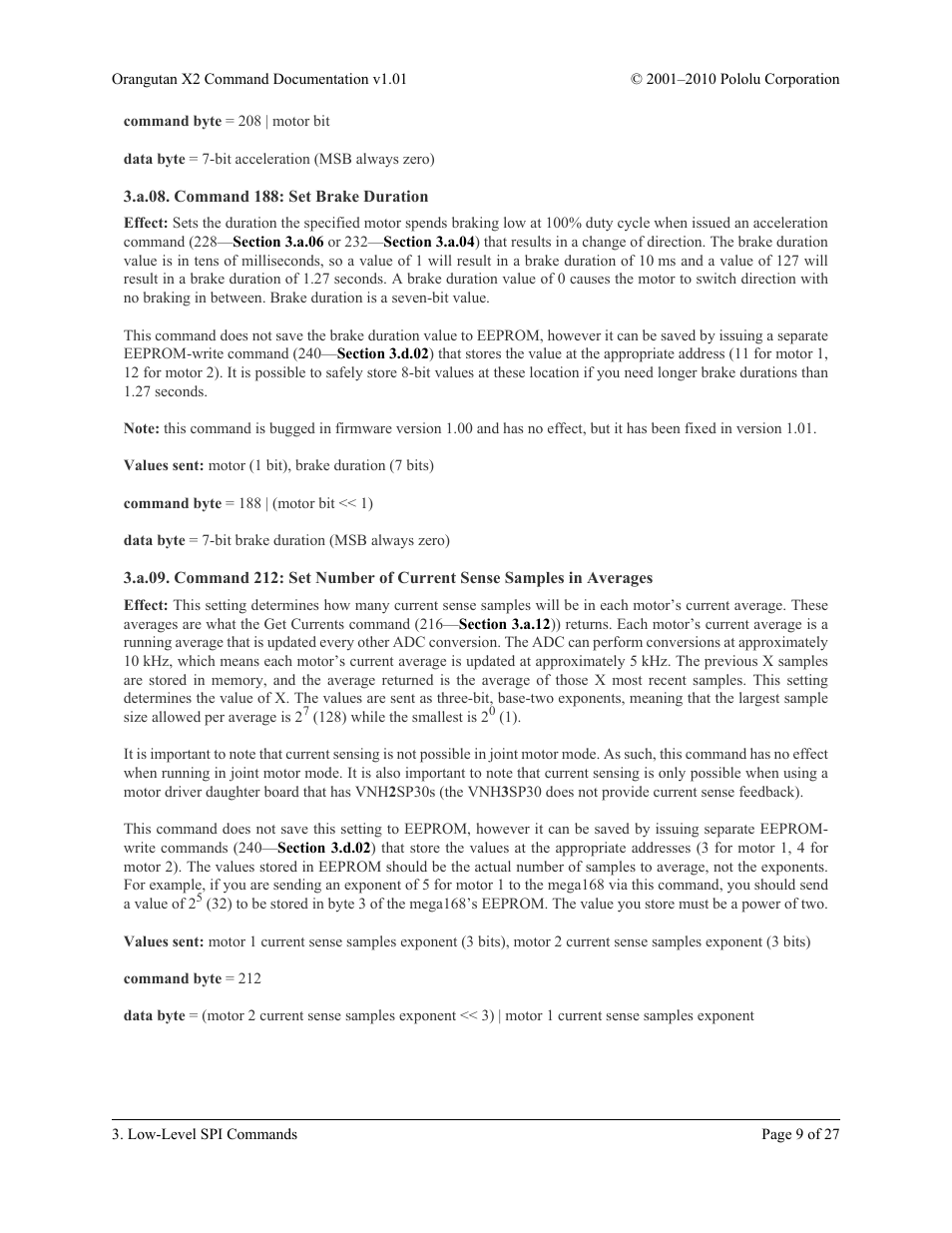 A.08. command 188: set brake duration, Section 3.a.08 | Pololu Orangutan X2 User Manual | Page 9 / 27