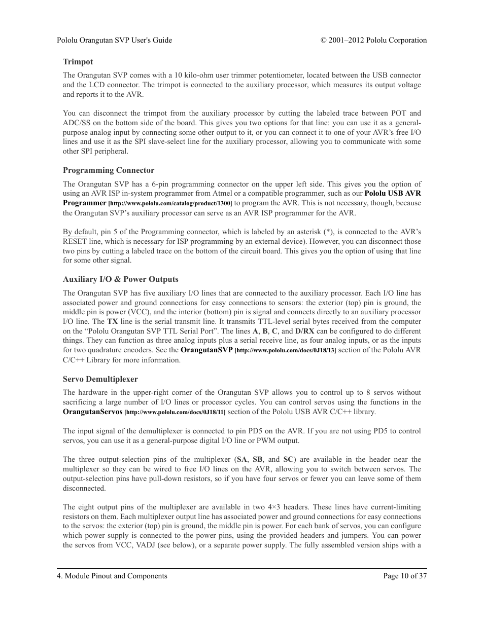 Trimpot, Programming connector, Auxiliary i/o & power outputs | Servo demultiplexer | Pololu Orangutan SVP User Manual | Page 10 / 37