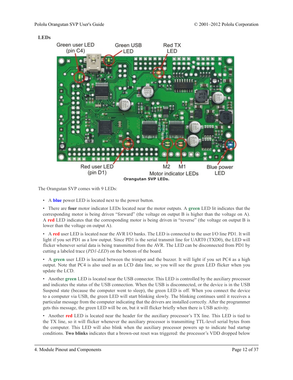 Leds | Pololu Orangutan SVP User Manual | Page 12 / 37
