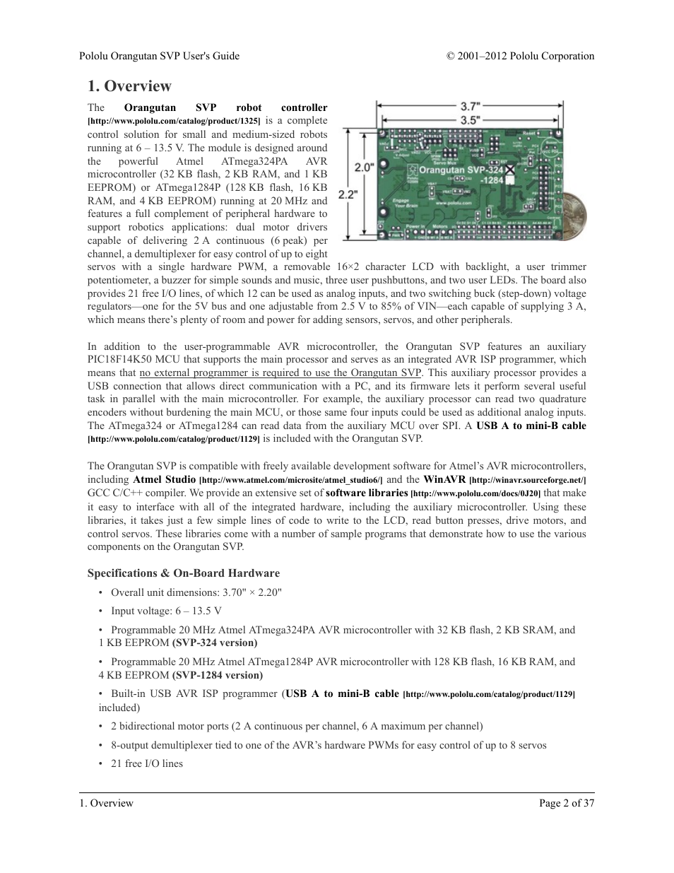 Overview, Specifications & on-board hardware | Pololu Orangutan SVP User Manual | Page 2 / 37