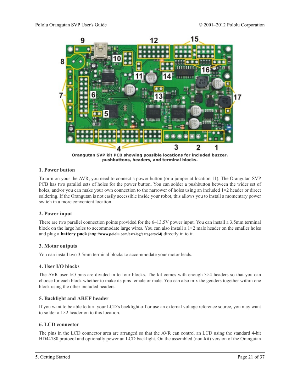 Power button, Power input, Motor outputs | User i/o blocks, Backlight and aref header, Lcd connector | Pololu Orangutan SVP User Manual | Page 21 / 37