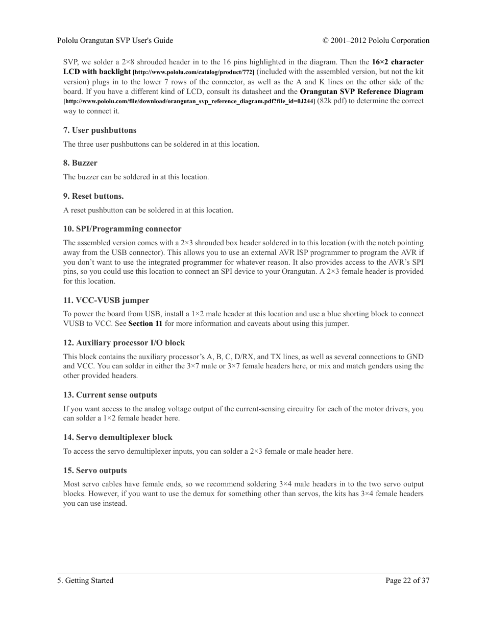 User pushbuttons, Buzzer, Reset buttons | Spi/programming connector, Vcc-vusb jumper, Auxiliary processor i/o block, Current sense outputs, Servo demultiplexer block, Servo outputs | Pololu Orangutan SVP User Manual | Page 22 / 37