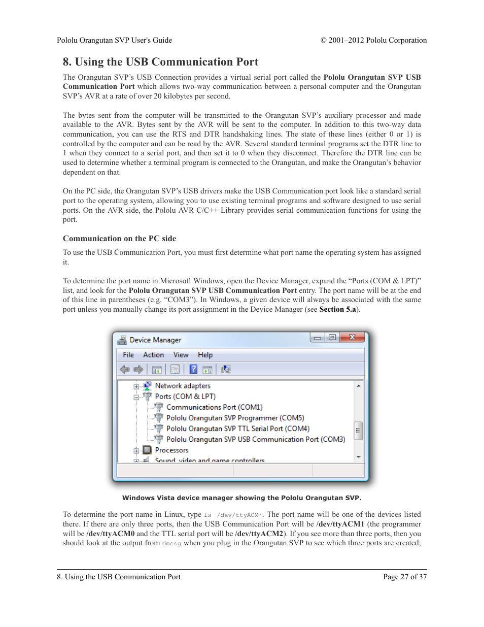 Using the usb communication port, Communication on the pc side, Section 8 | Pololu Orangutan SVP User Manual | Page 27 / 37