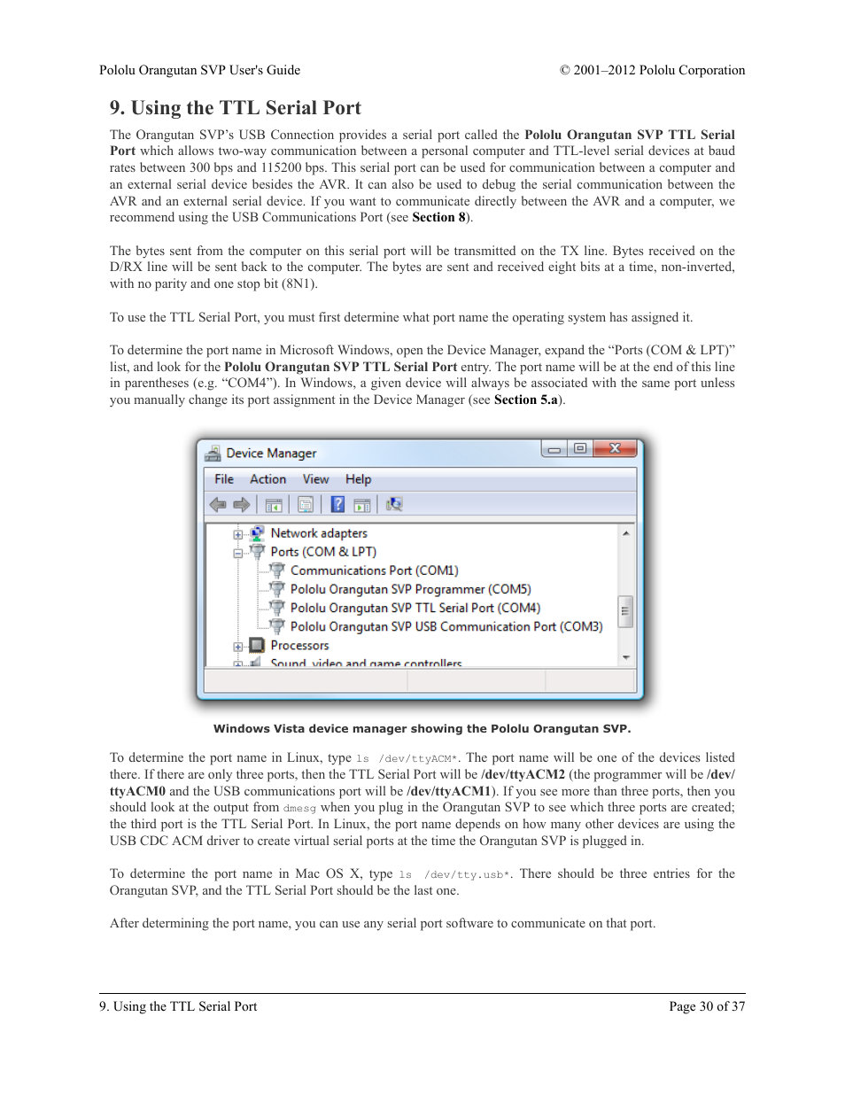 Using the ttl serial port, Section 9 | Pololu Orangutan SVP User Manual | Page 30 / 37