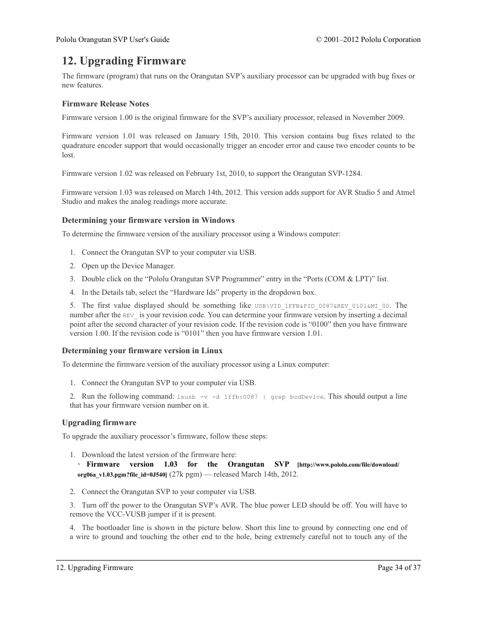 Upgrading firmware, Firmware release notes, Determining your firmware version in windows | Determining your firmware version in linux | Pololu Orangutan SVP User Manual | Page 34 / 37