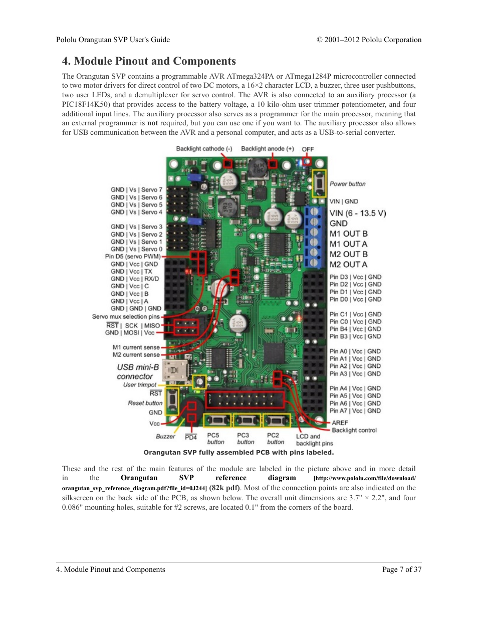 Module pinout and components | Pololu Orangutan SVP User Manual | Page 7 / 37