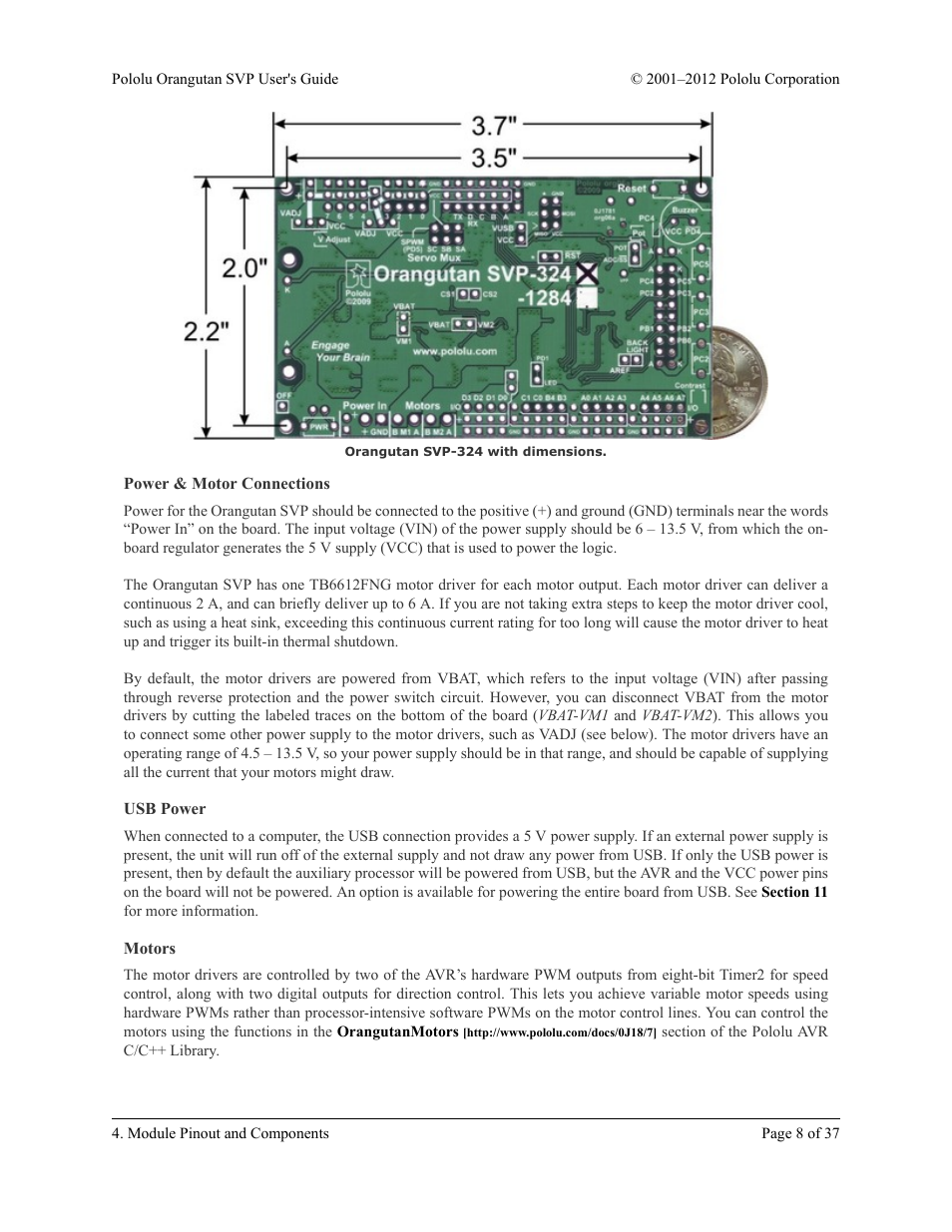 Power & motor connections, Usb power, Motors | Pololu Orangutan SVP User Manual | Page 8 / 37