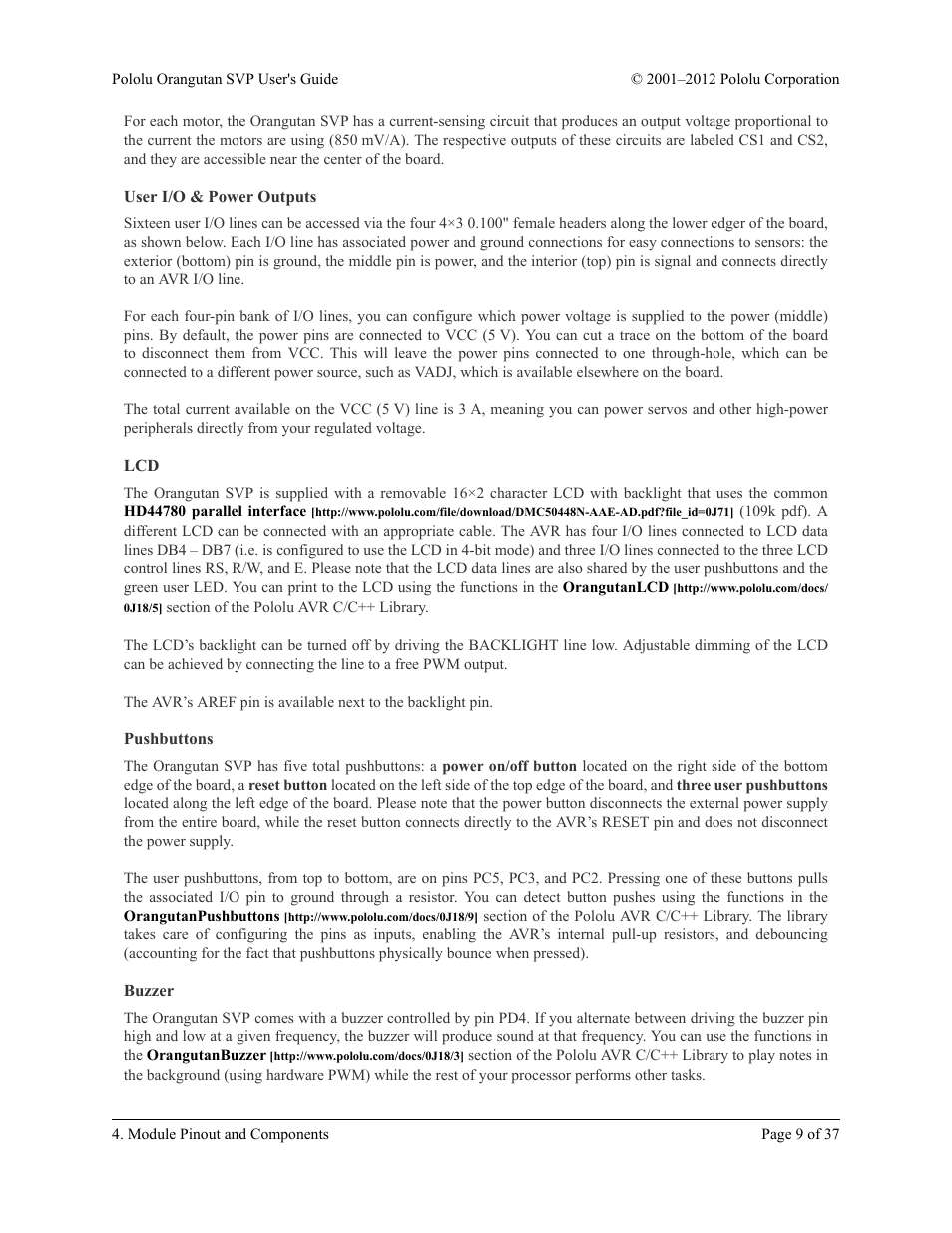 User i/o & power outputs, Pushbuttons, Buzzer | Pololu Orangutan SVP User Manual | Page 9 / 37