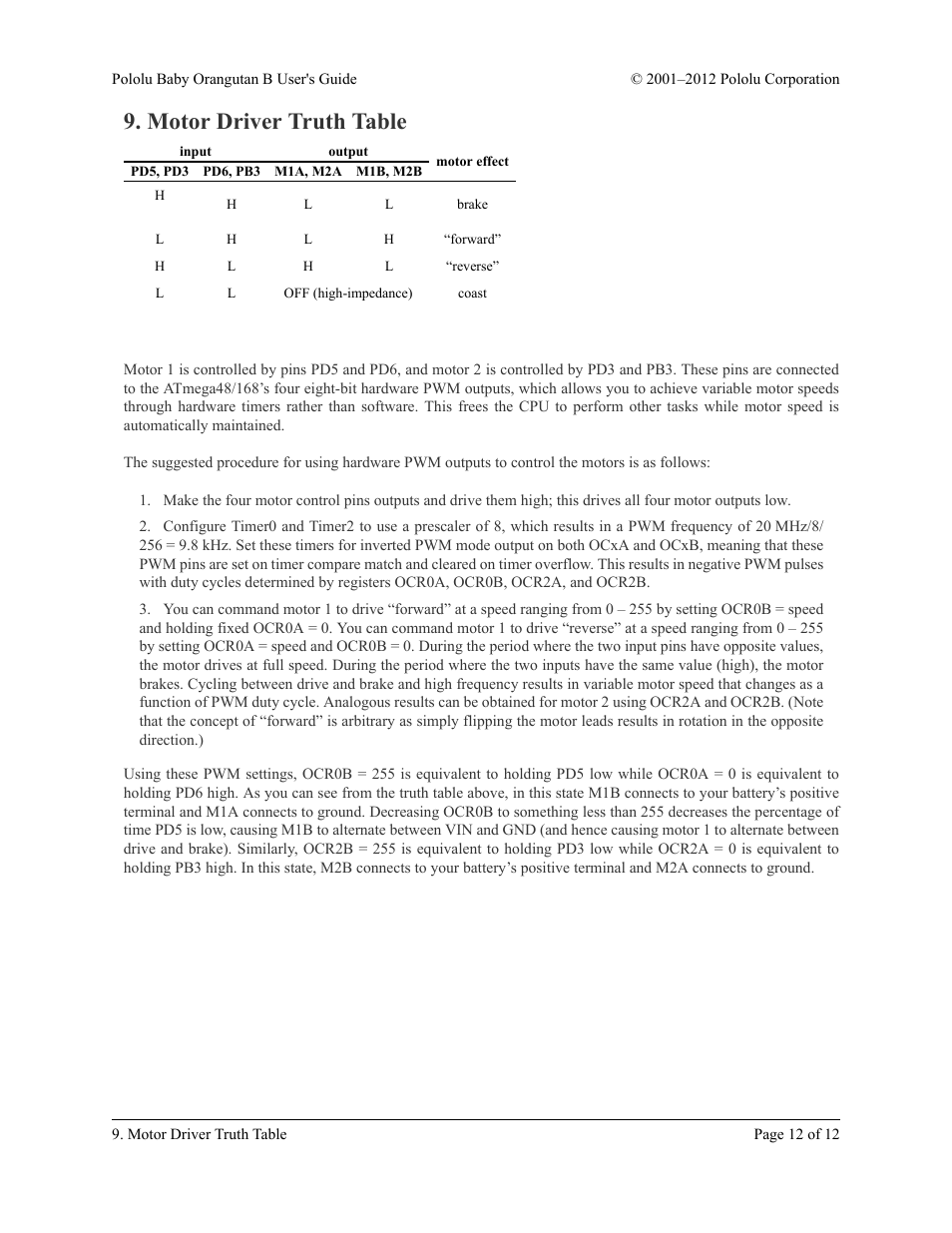 Motor driver truth table | Pololu Baby Orangutan B User Manual | Page 12 / 12