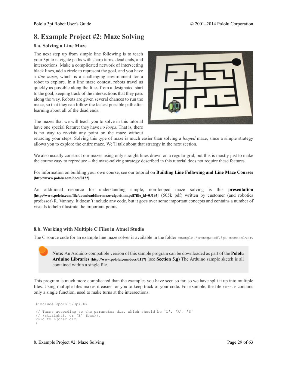 Example project #2: maze solving, A. solving a line maze, B. working with multiple c files in atmel studio | Pololu 3pi Robot User Manual | Page 29 / 63