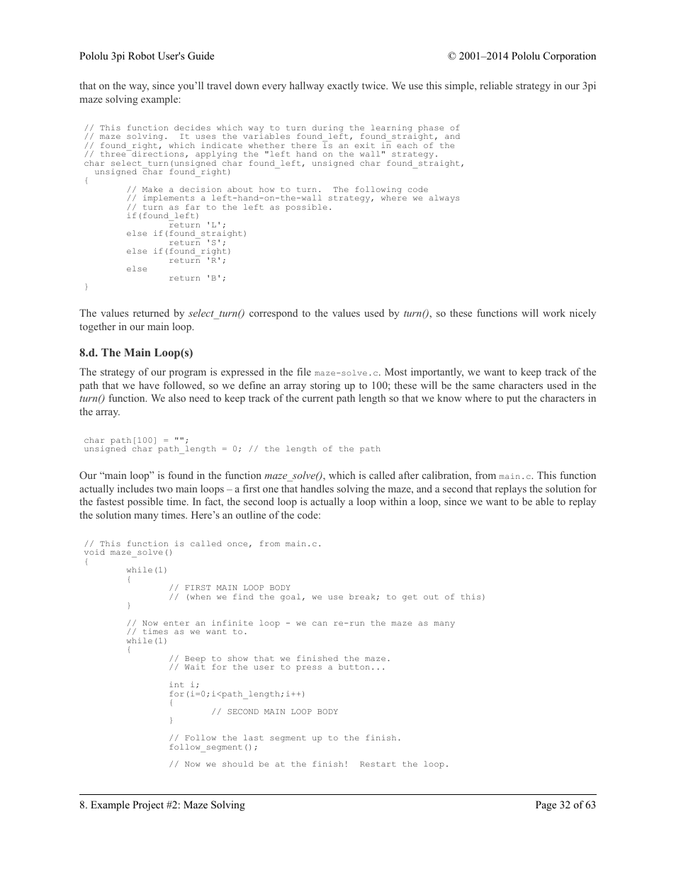 D. the main loop(s) | Pololu 3pi Robot User Manual | Page 32 / 63