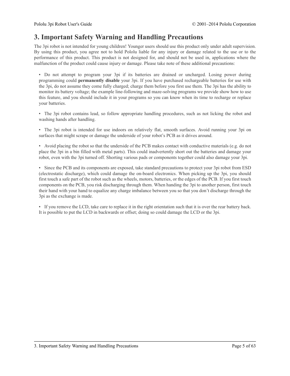 Important safety warning and handling precautions | Pololu 3pi Robot User Manual | Page 5 / 63