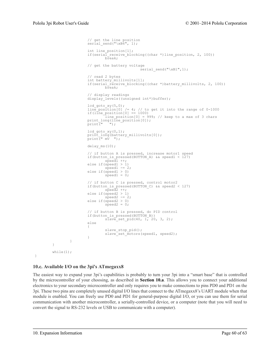 C. available i/o on the 3pi's atmegaxx8 | Pololu 3pi Robot User Manual | Page 60 / 63