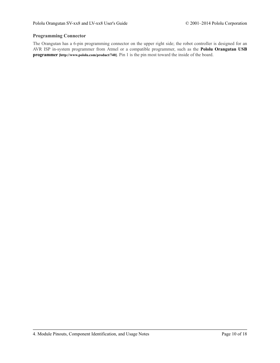 Programming connector | Pololu Orangutan LV-xx8 User Manual | Page 10 / 18