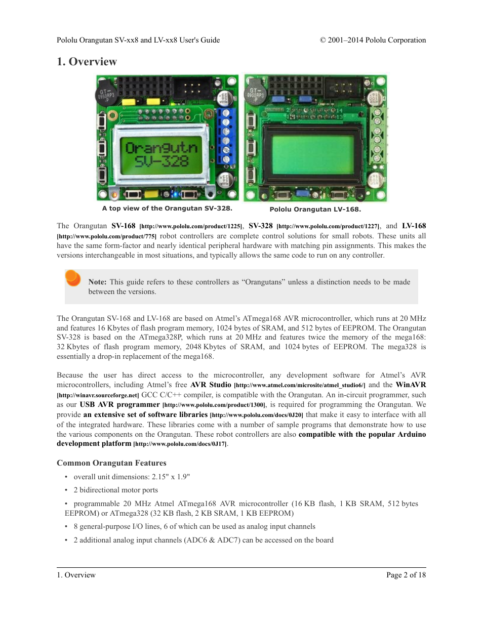 Overview, Common orangutan features | Pololu Orangutan LV-xx8 User Manual | Page 2 / 18