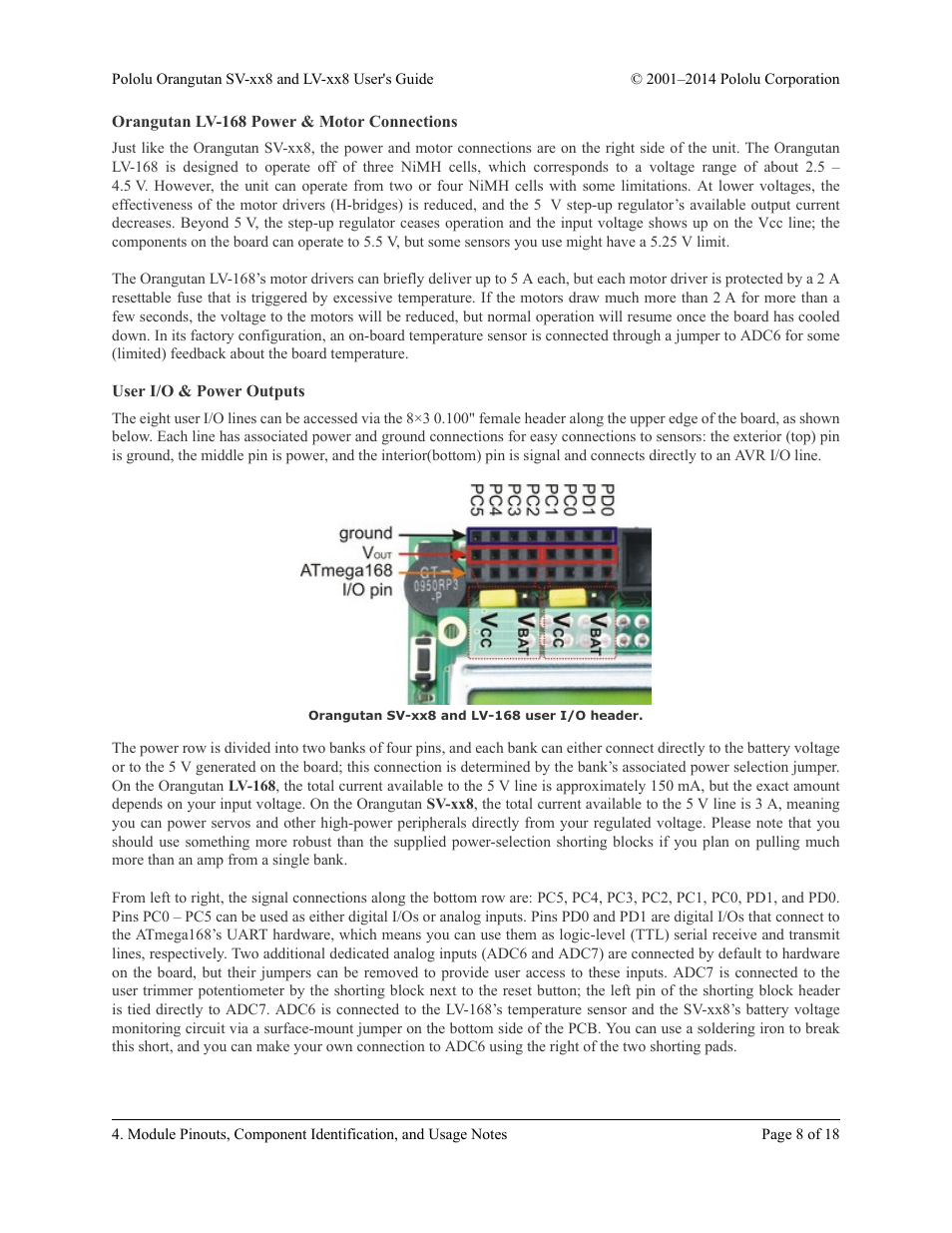 Orangutan lv-168 power & motor connections, User i/o & power outputs | Pololu Orangutan LV-xx8 User Manual | Page 8 / 18