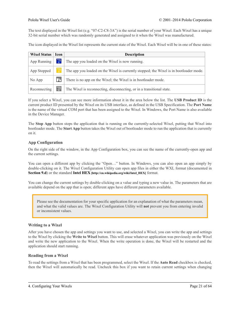 App configuration, Writing to a wixel, Reading from a wixel | Pololu Wixel User Manual | Page 21 / 64
