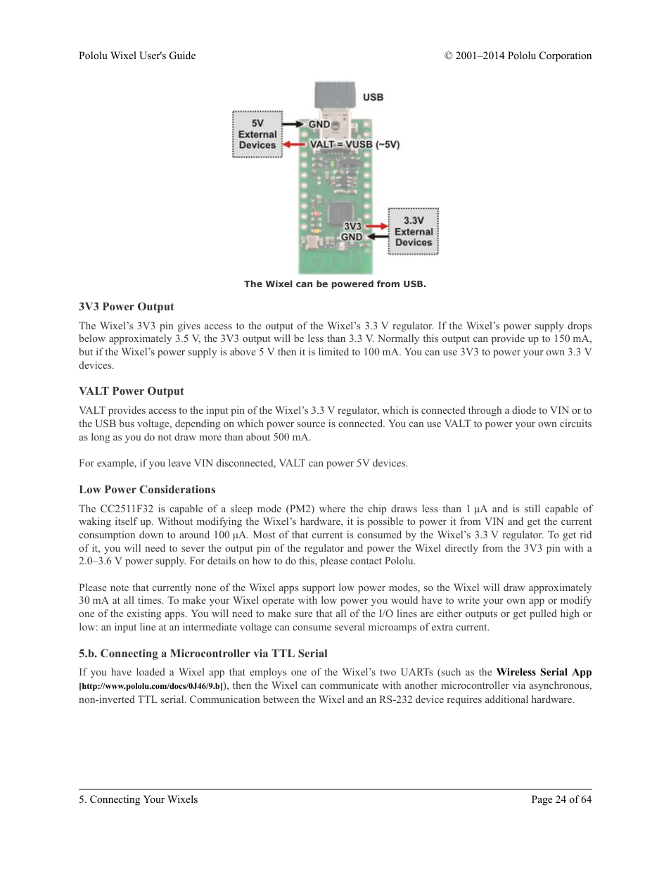 3v3 power output, Valt power output, Low power considerations | B. connecting a microcontroller via ttl serial | Pololu Wixel User Manual | Page 24 / 64