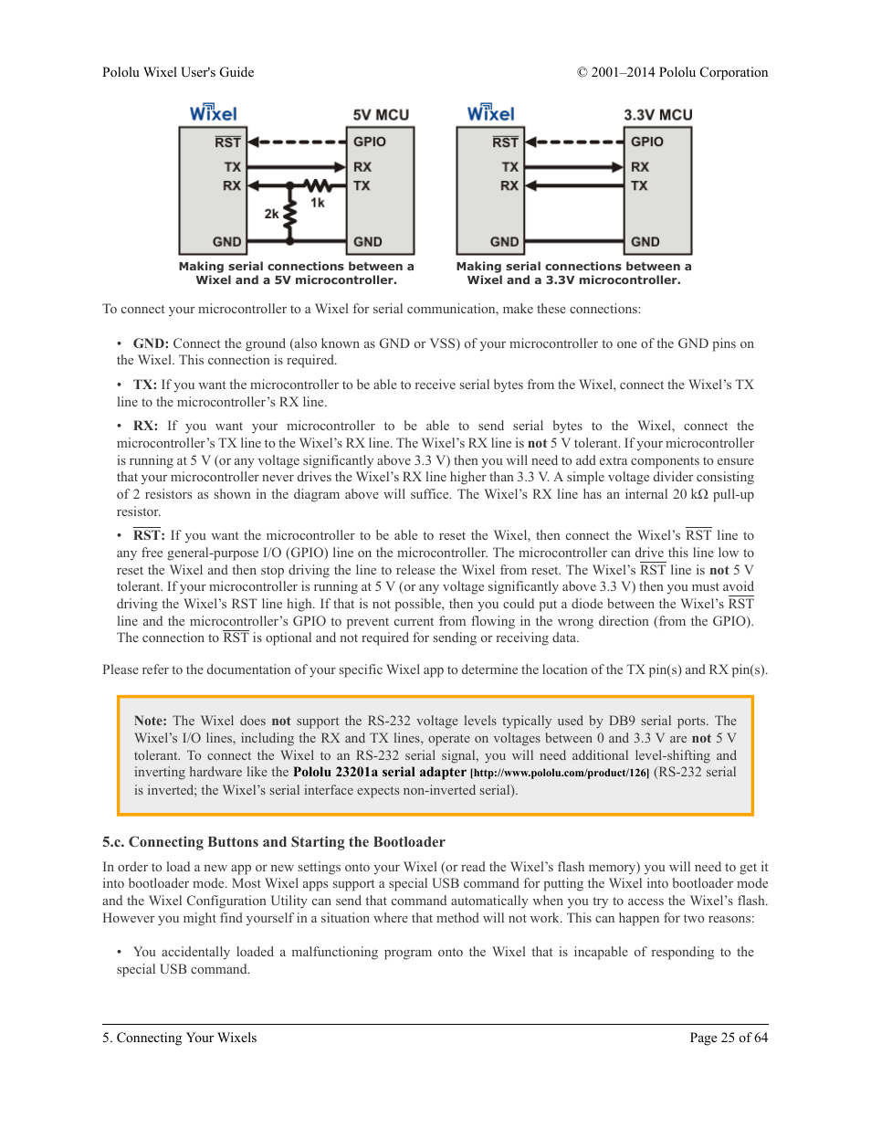 C. connecting buttons and starting the bootloader, Section 5.c, Section | Pololu Wixel User Manual | Page 25 / 64