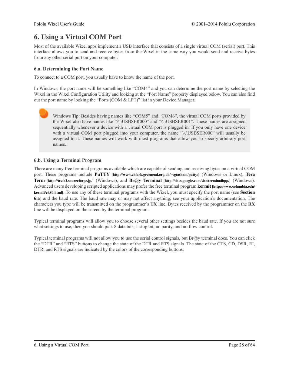 Using a virtual com port, A. determining the port name, B. using a terminal program | Pololu Wixel User Manual | Page 28 / 64