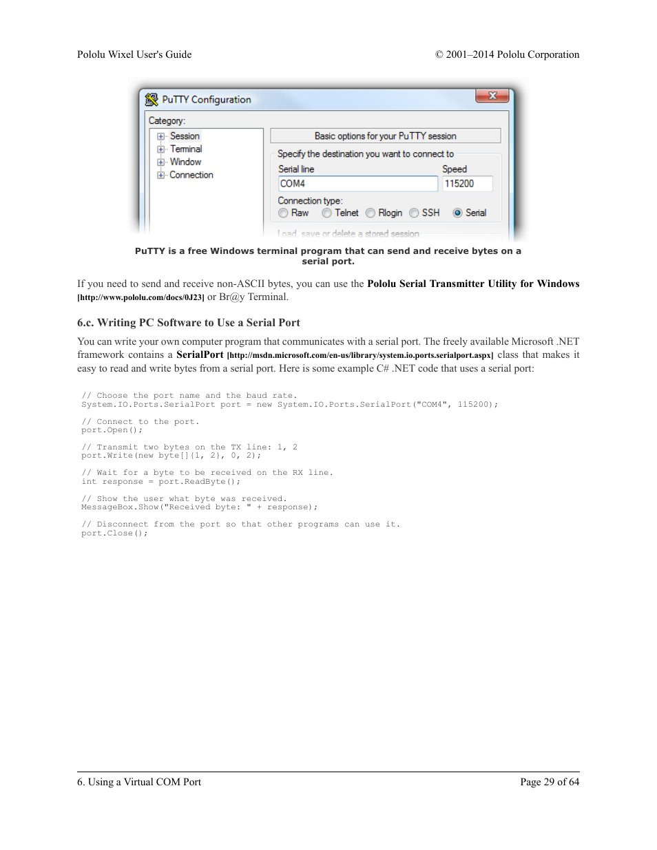 C. writing pc software to use a serial port | Pololu Wixel User Manual | Page 29 / 64